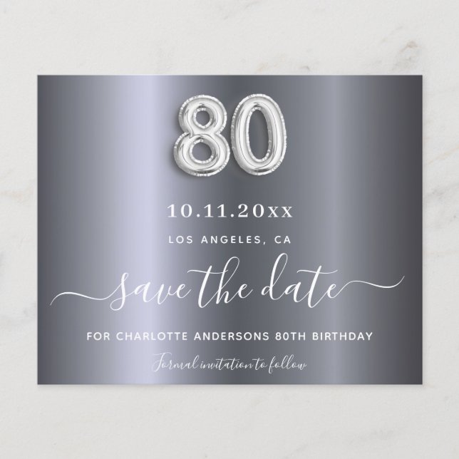 Budget 80th birthday silver metal save the date (Front)