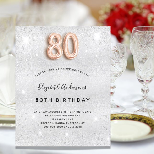 Budget 80th birthday silver rose gold invitation (Creator Uploaded)