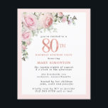 Budget 80th Birthday Surprise Party Pink Floral<br><div class="desc">Soft blush pink frame with an elegant pink rose floral arrangement in the upper left corner. 80th is written in a beautiful rose gold texture. Pretty and feminine design.</div>