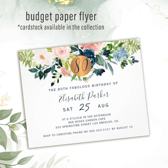 Budget 80th floral birthday party Invitation Flyer (Creator Uploaded)