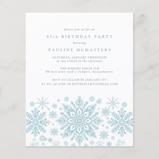 BUDGET 85th Birthday Blue Snowflake Invitation (Front)