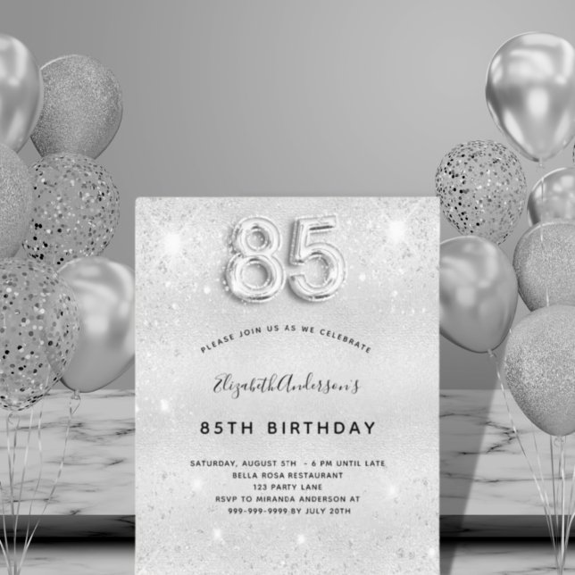 Budget 85th birthday silver glitter invitation (Creator Uploaded)
