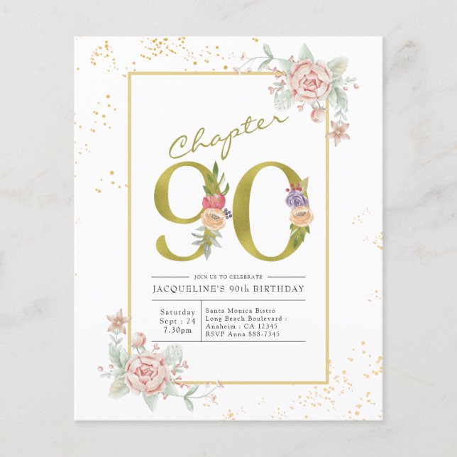 Budget 90th Birthday Floral Gold Script Invitation Flyer (Front)