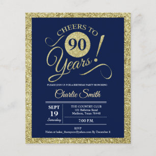 Budget 90th Birthday - Navy Gold ANY YEAR Invite Flyer