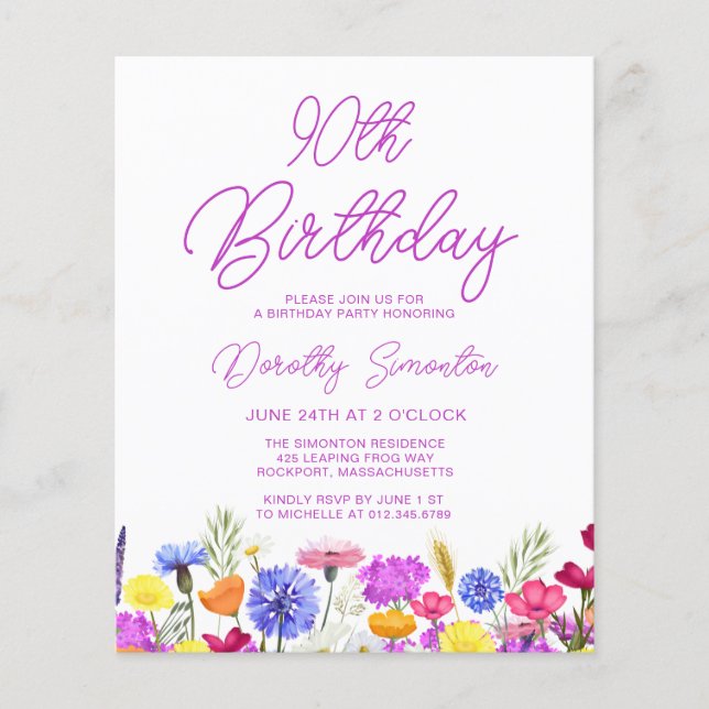 BUDGET 90th Birthday Purple Wildflower Invitation (Front)