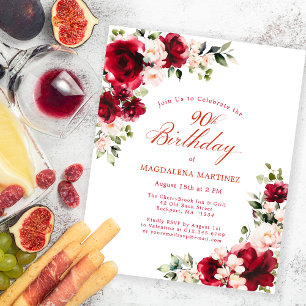 BUDGET 90th Birthday Red Pink Floral Invitation