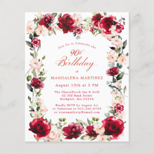 BUDGET 90th Birthday Red Rose Pink Peony Invite
