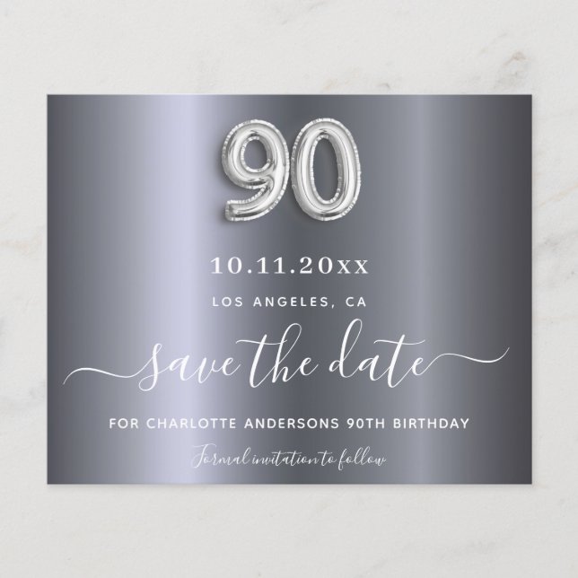 Budget 90th birthday silver metal save the date (Front)