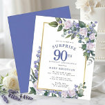 Budget 90th Birthday Surprise Party Invitation<br><div class="desc">Honour a special woman with this elegant and feminine Budget 90th Birthday Surprise Party invitation. Surprise and 90th are written in large blue text. Birthday Celebration follows. The honoured guest's name is also in blue capital letters. The birthday celebration details are surrounded by a chic gold frame. The blue flowers...</div>