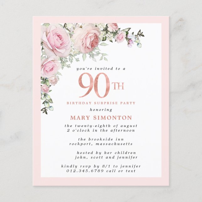 Budget 90th Birthday Surprise Party Pink Floral (Front)