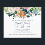 Budget 90th floral birthday party Invitation Flyer<br><div class="desc">Peach cream, blush pink, ivory and navy blue bohemian pastel flowers bouquets with sage green greenery foliage and a round faux metallic gold copper glitter circle making a modern glam horizontal BUDGET affordable feminine ninetieth milestone ninety and fabulous / any age birthday party invitation FLYER with a trendy chic fully...</div>
