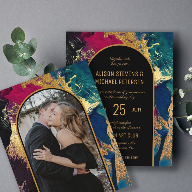 Budget abstract gold arch PHOTO wedding Invitation (Creator Uploaded)