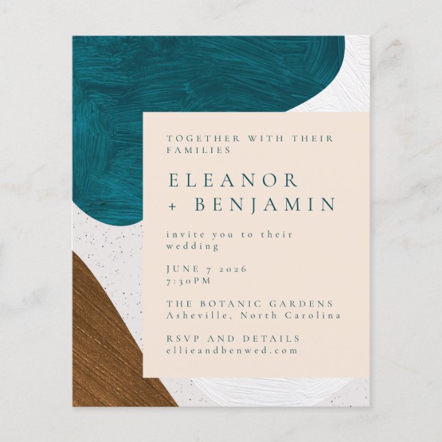 Budget Abstract Shapes Teal Gold Wedding Invite (Front)