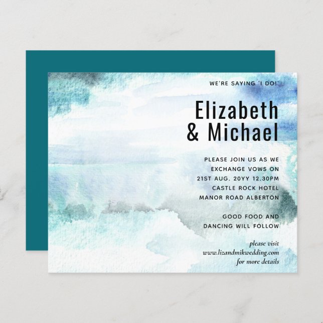 Budget Abstract Watercolor Teal Wedding Invite (Front/Back)