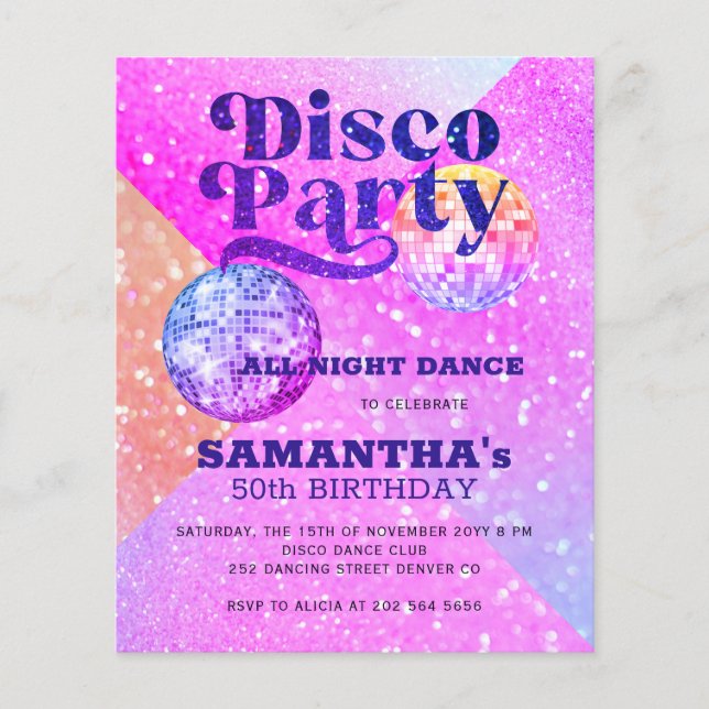 Budget adult birthday disco party paper invitation (Front)