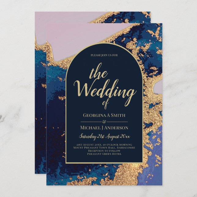 Budget Agate Blue Gold Wedding Invite QR Code RSVP (Front/Back)