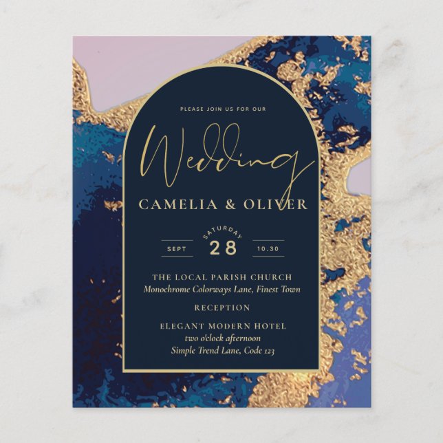 Budget Agate Blue Gold Wedding Invite QR Code RSVP Flyer (Front)