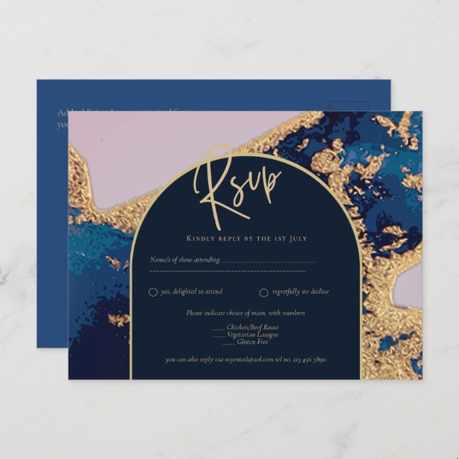 Budget Agate Blue Gold Wedding Invite QR Code RSVP Postcard (Front/Back)