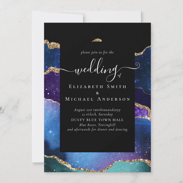 BUDGET  AGATE Blue Purple Gold Wedding Budget Invitation (Front)