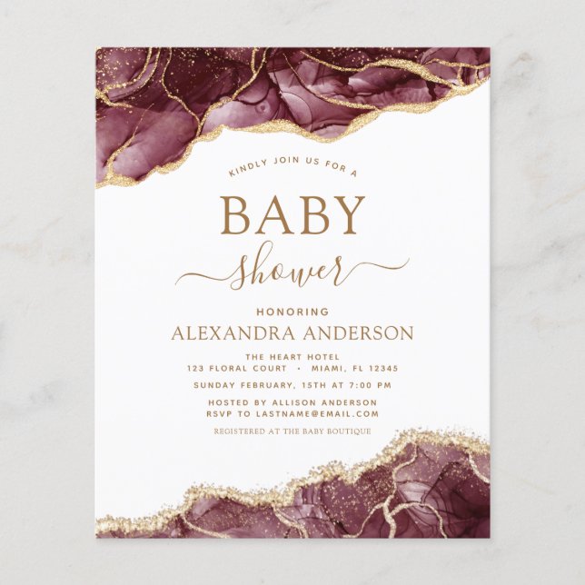 Budget Agate Burgundy Baby Shower Gold Invitation (Front)