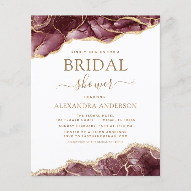Budget Agate Burgundy Bridal Shower Gold Flyer (Front)