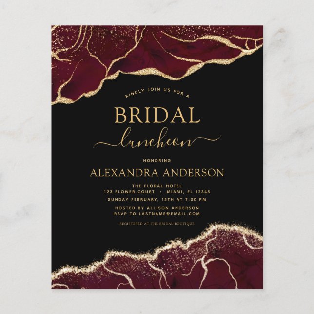 Budget Agate Burgundy Bridal Shower Luncheon Gold Flyer (Front)
