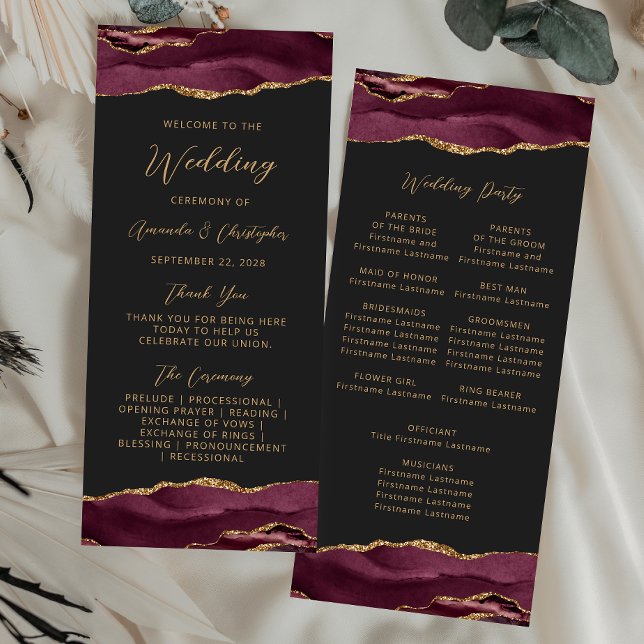 Budget Agate Burgundy Gold Dark Wedding Program Rack Card (Creator Uploaded)