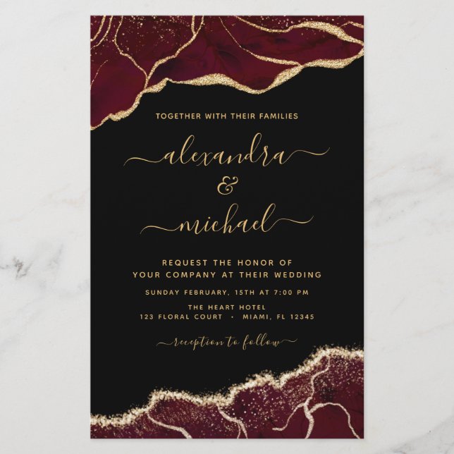 Budget Agate Burgundy Gold Wedding Invitation (Front)