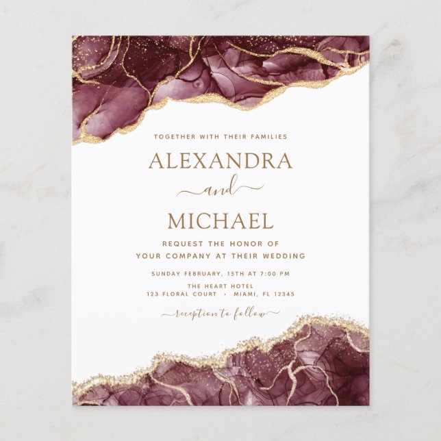 Budget Agate Burgundy Gold Wedding Invitation Flyer (Front)