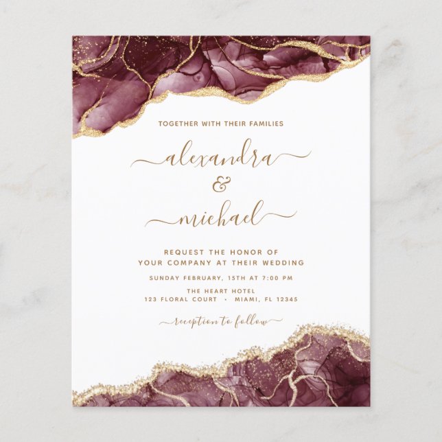Budget Agate Burgundy Gold Wedding Invitation Flyer (Front)