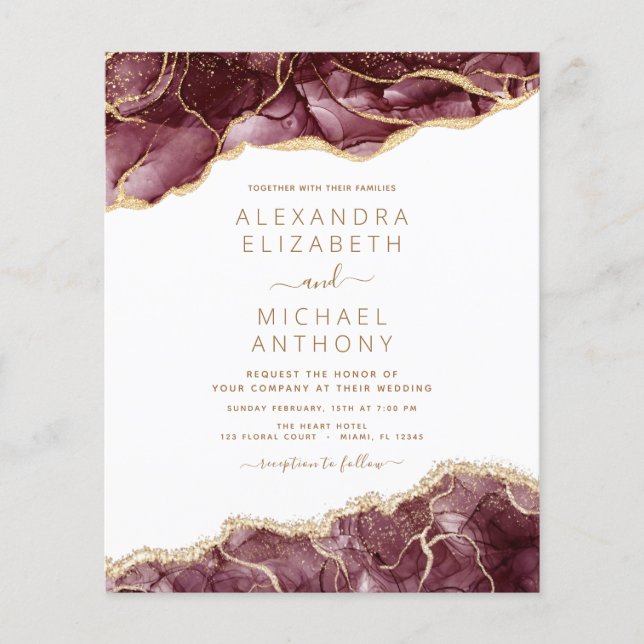 Budget Agate Burgundy Gold Wedding Invitation Flyer (Front)