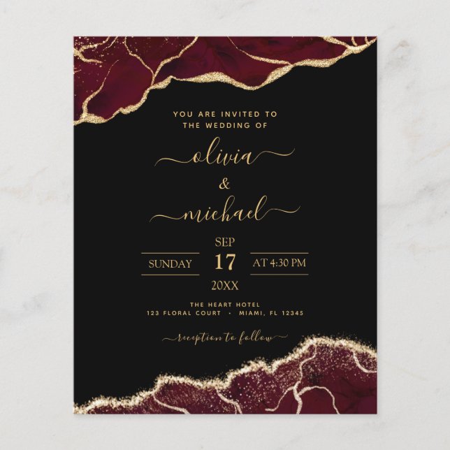 Budget Agate Burgundy Gold Wedding Invitation Flyer (Front)