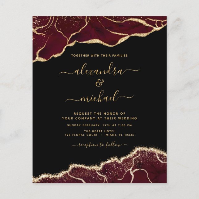 Budget Agate Burgundy Gold Wedding Invitation Flyer (Front)