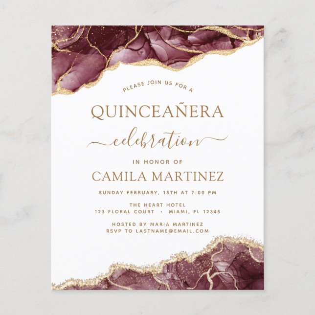 Budget Agate Burgundy Quinceañera Gold 15th Flyer (Front)