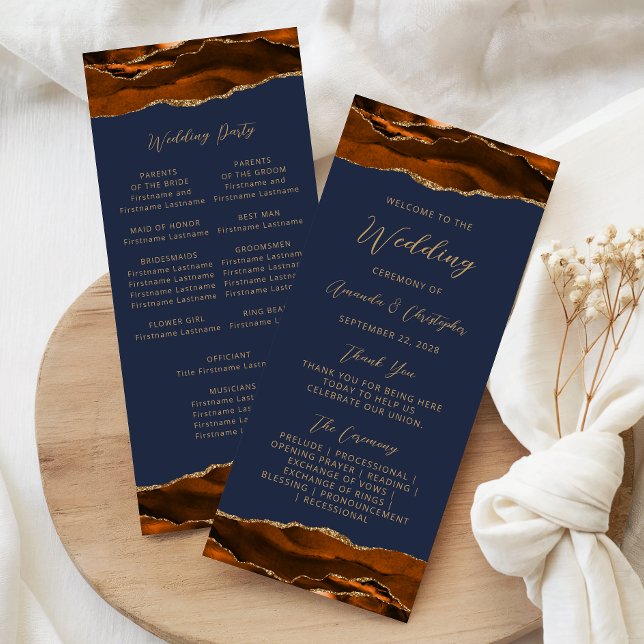 Budget Agate Burnt Orange Navy Wedding Program Rack Card (Creator Uploaded)
