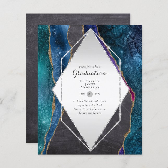 BUDGET Agate GRADUATION Party Invites Glitter Glam (Front/Back)