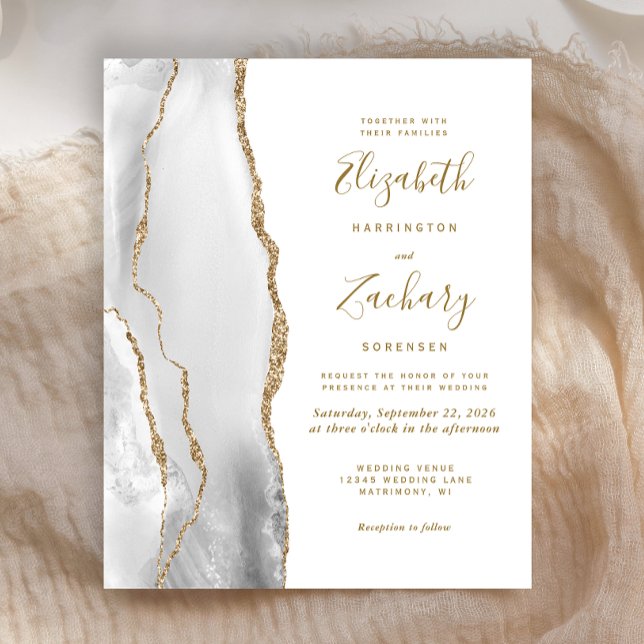 Budget Agate Grey Gold White Wedding Invitation (Creator Uploaded)