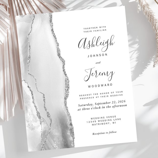 Budget Agate Grey White Silver Wedding Invitation (Creator Uploaded)