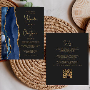 Budget Agate Navy Blue Gold Dark QR Code Wedding