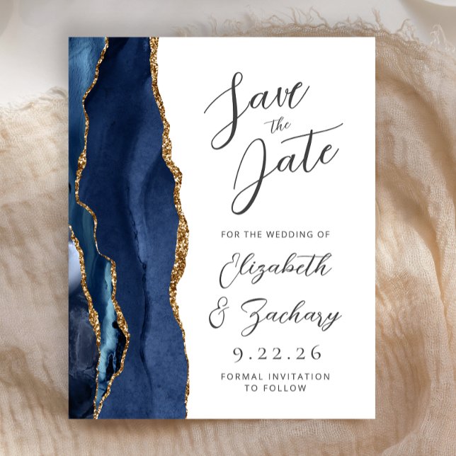 Budget Agate Navy Blue Gold Script Save the Date (Creator Uploaded)