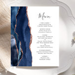 Budget Agate Navy Blue Rose Gold Wedding Menu<br><div class="desc">The left-hand edge of this elegant modern wedding menu features a navy blue watercolor agate border trimmed with faux rose gold glitter. The customisable text combines handwriting script and copperplate fonts in charcoal grey on a white background. The reverse side features a matching navy blue and rose gold agate design....</div>