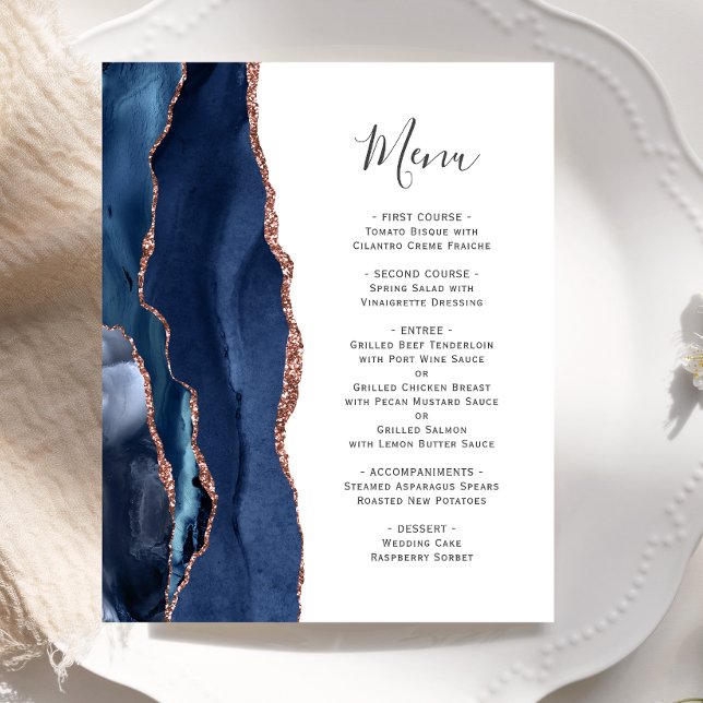 Budget Agate Navy Blue Rose Gold Wedding Menu (Creator Uploaded)