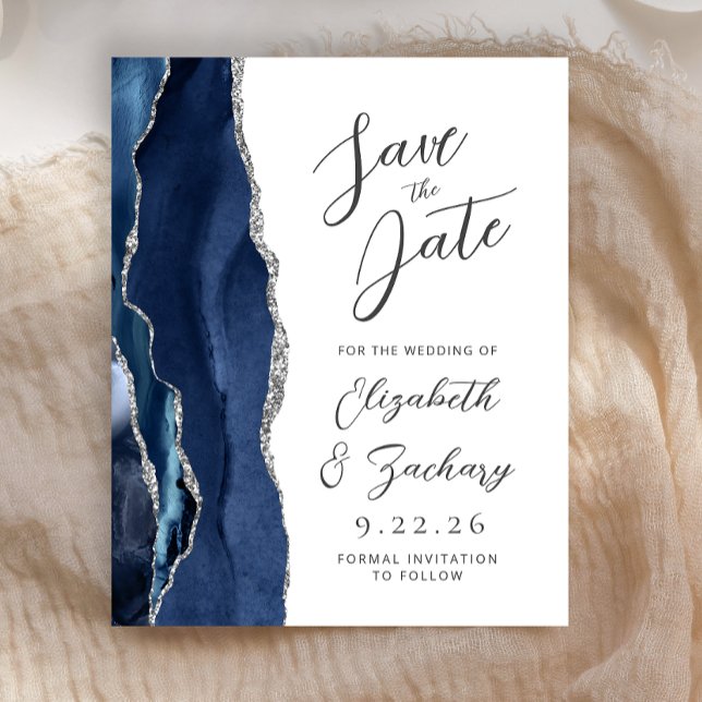 Budget Agate Navy Blue Silver Script Save the Date (Creator Uploaded)