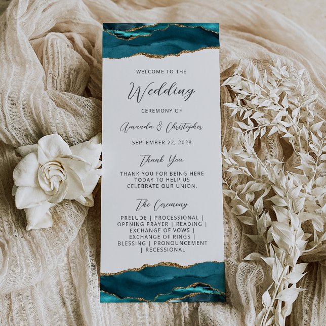 Budget Agate Teal Blue Gold Wedding Program Rack Card (Creator Uploaded)