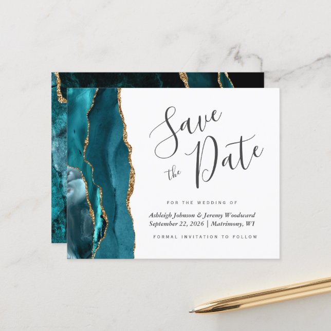 Budget Agate Teal Blue Gold Wedding Save the Date (Front/Back In Situ)