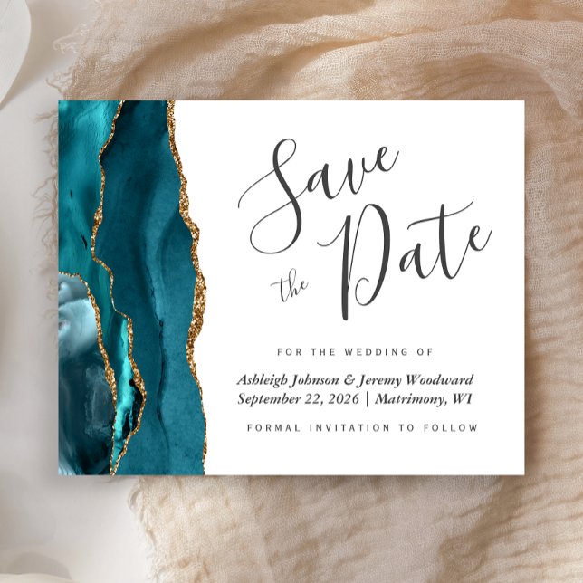 Budget Agate Teal Blue Gold Wedding Save the Date (Creator Uploaded)