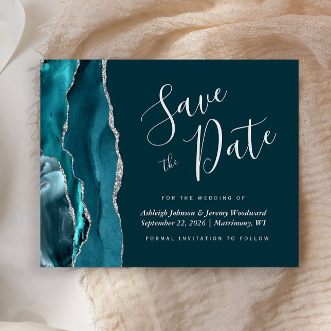 Budget Agate Teal Blue Silver Save the Date (Creator Uploaded)