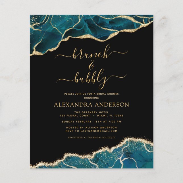 Budget Agate Teal Brunch & Bubbly Bridal Shower Flyer (Front)
