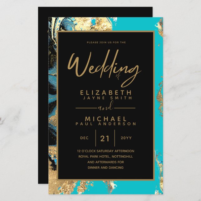 BUDGET Agate Teal Turquoise Gold Wedding Invite (Front/Back)