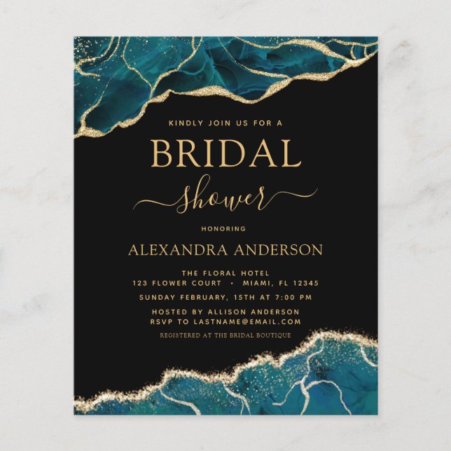 Budget Agate Turquoise Bridal Shower Teal Gold  Flyer (Front)